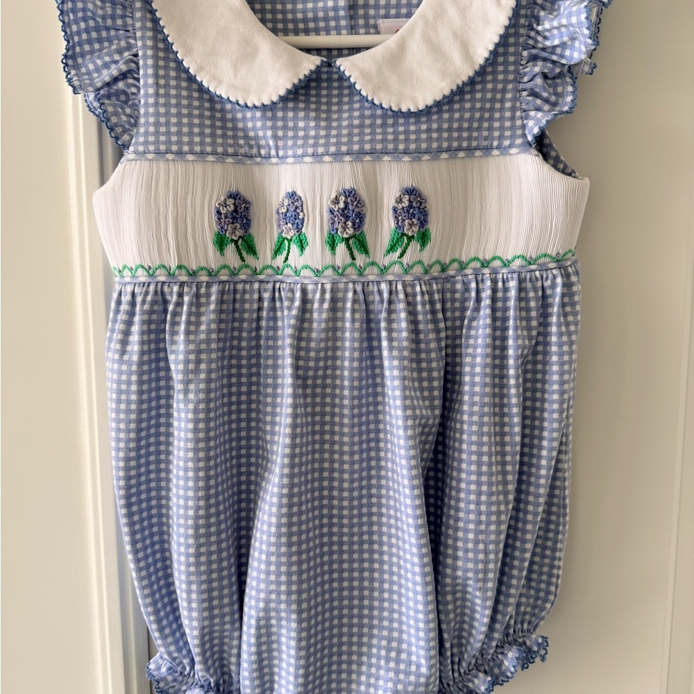 Blue Gingham Smocked Floral Baby One-Piece